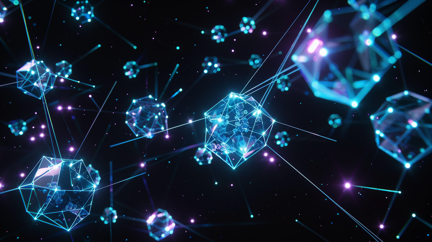 Neotheos Neural Fabric — distributed compute mesh with crystalline nodes connected by luminous data pathways