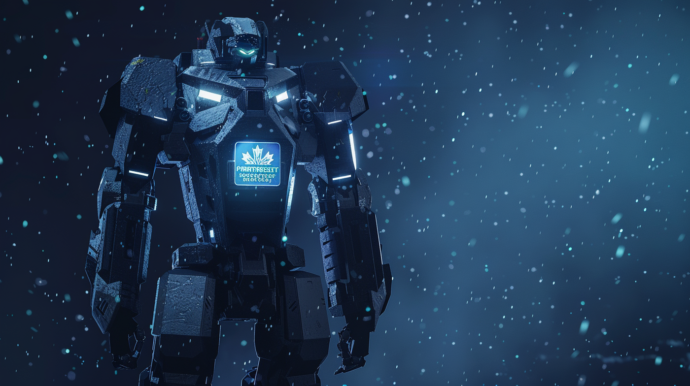 The On Guard — autonomous bipedal defense robot standing in a snowstorm
