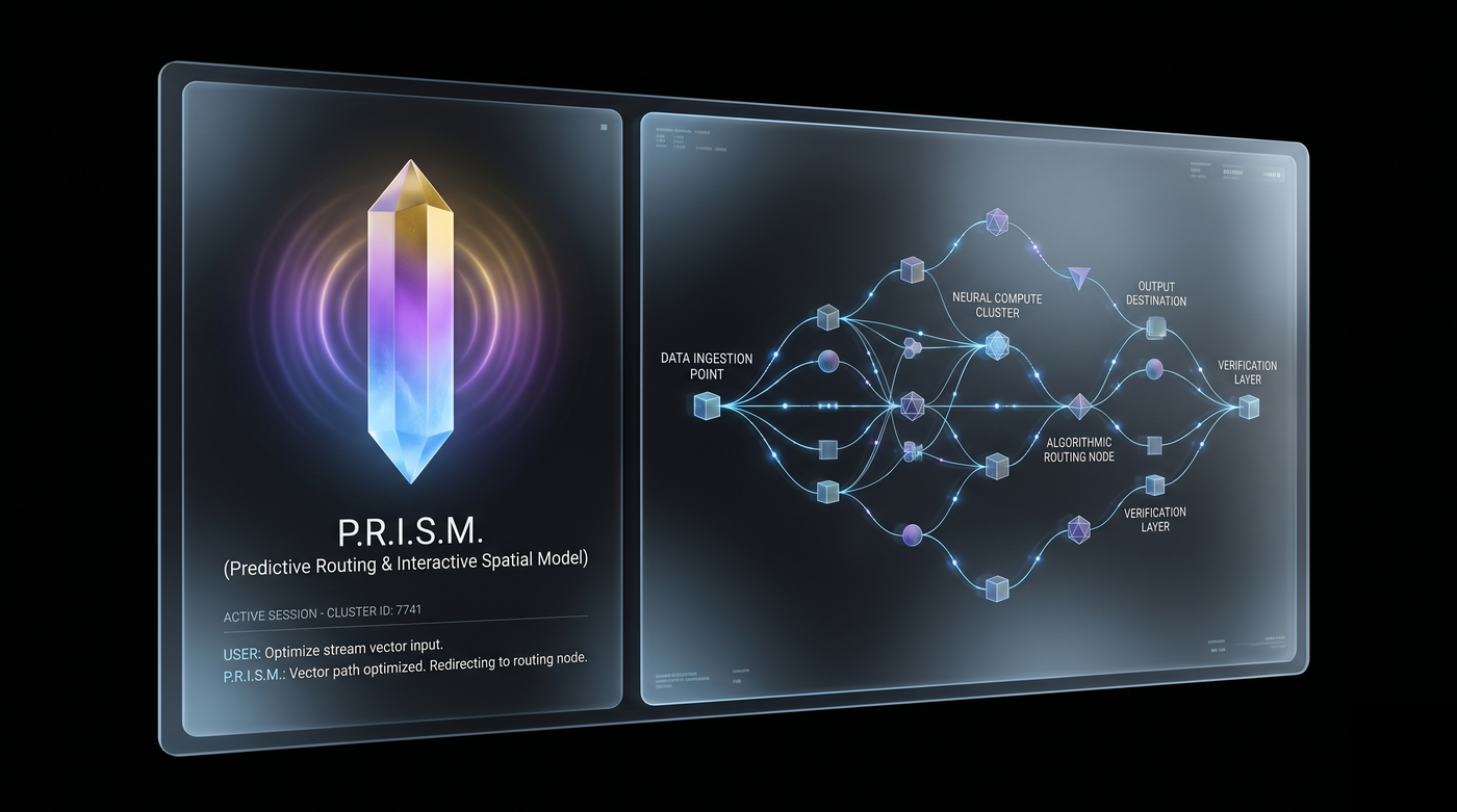 P.R.I.S.M. AI Agent interface showing spatial task visualization and crystal avatar